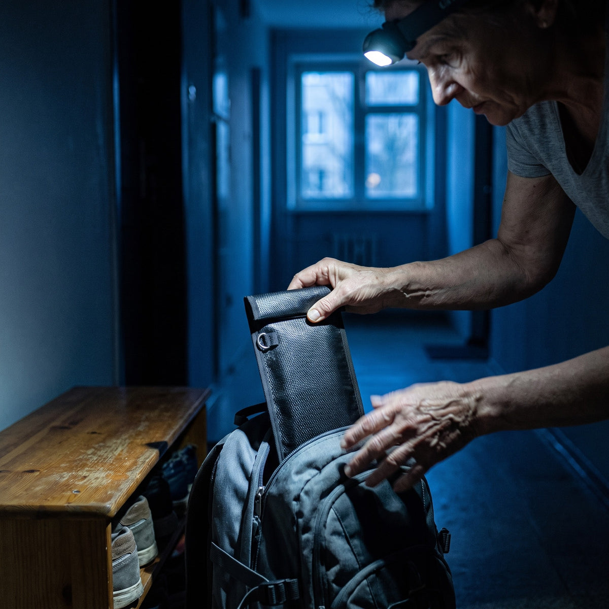Bei Stromausfall nimmt eine Frau mit Stirnlampe die NULLSIGNAL X1 aus dem Notfallrucksack