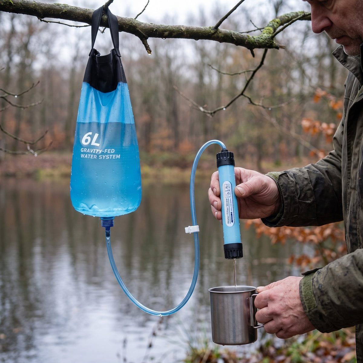 HYDRO-PRO V1 im Einsatz am See: Beutel hängt am Ast, Schlauch mit Klemme direkt auf dem Filterkern, gefiltertes Wasser läuft in einen Becher