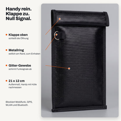 Infografik NULLSIGNAL X1: Klappe oben, Metallring am Rand, Gitter-Gewebe schirmt Funksignale ab, 21 x 12 cm