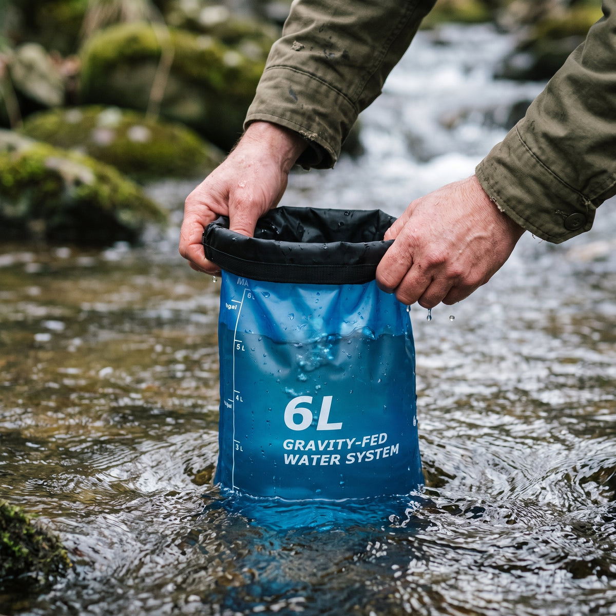Der 6-Liter-Beutel wird am Bach befuellt