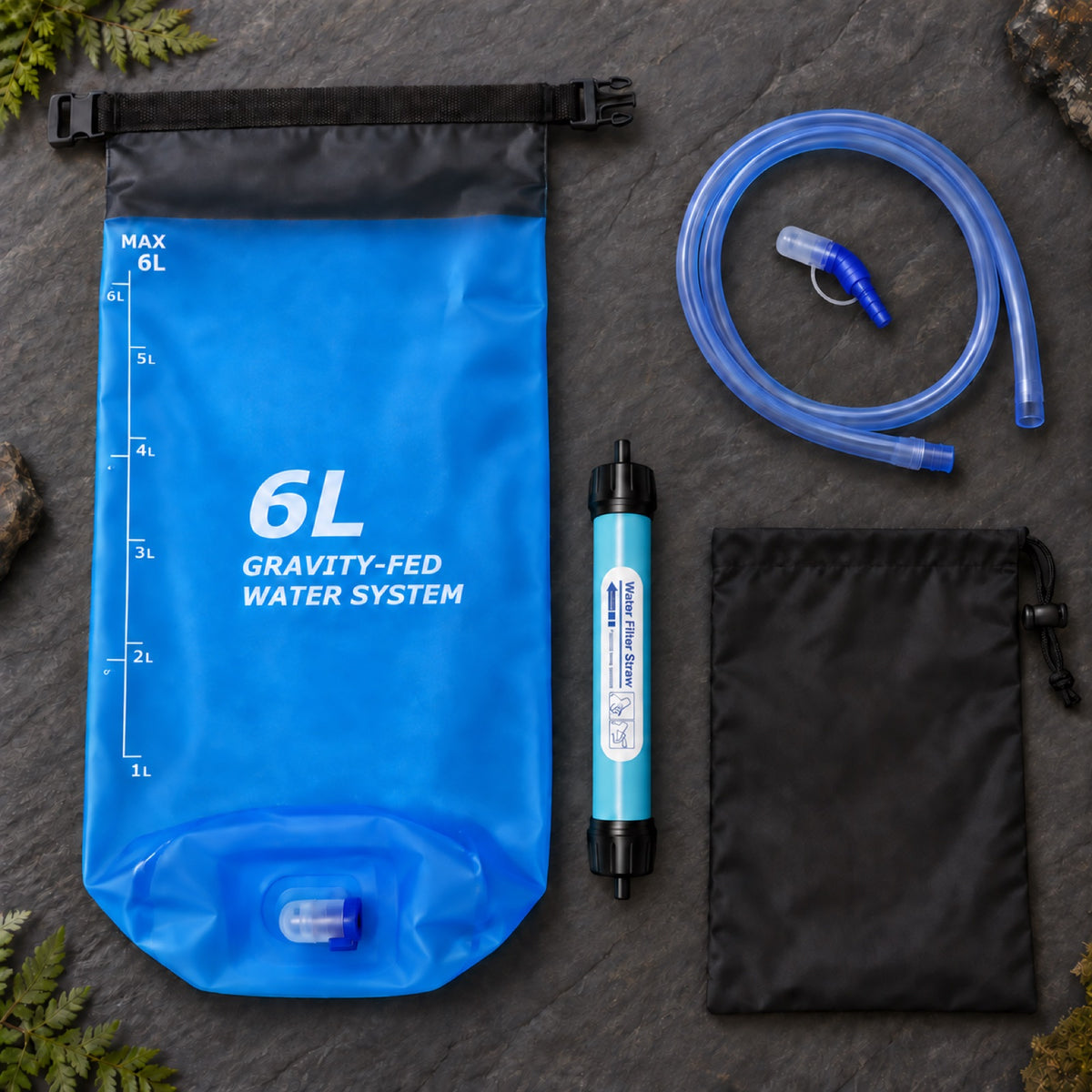 Das gelieferte HYDRO-PRO V1 Muster mit Beutel, Filter, Schlauch, Mundstück, Tragegurt, Trageband und Aufbewahrungsbeutel